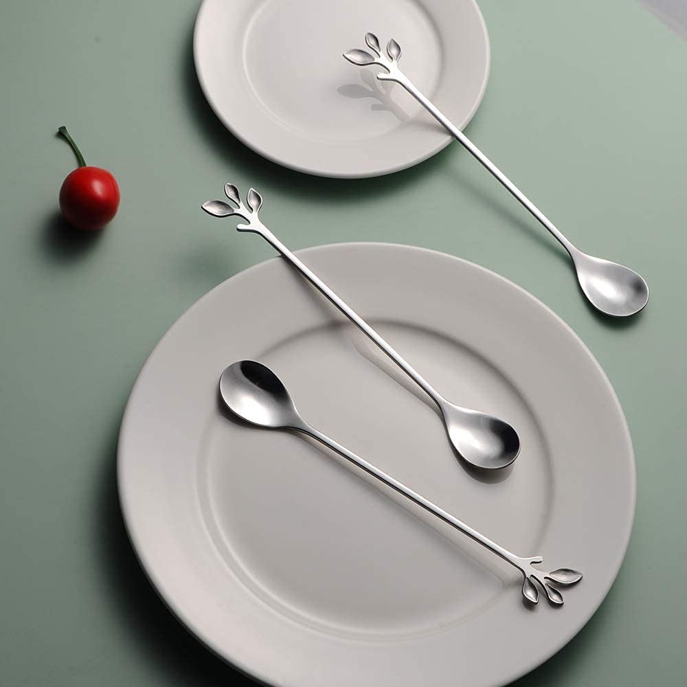 Ansaw 6.5 '' Elegant Leaf-Design Silver Coffee & Tea Spoons Set Of 6- Long Handle Stainless Steel Stirring Spoons For Espresso,